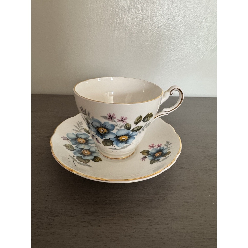 Regency Tea Cup &‎ Saucer Blue Dogwood Flowers Bone China England Vintage